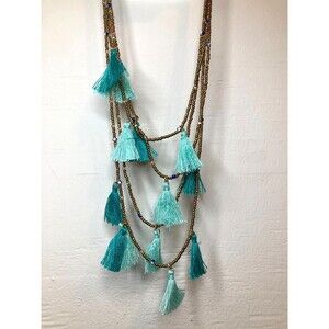 EXPRESS Layered Gold Seed Bead Teal Blue Mint Tassel Necklace Boho 14"+ NEW